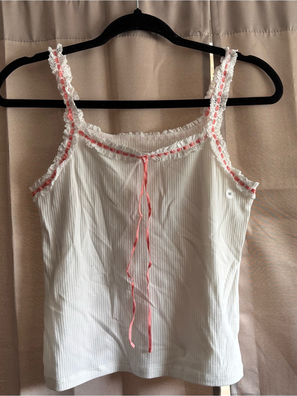 American Eagle Outfitters White Ribbed Cami with Pink Ribbon Trim